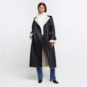 River Island Black Belted Shearling Trench Coat Sz US 14 Jacket